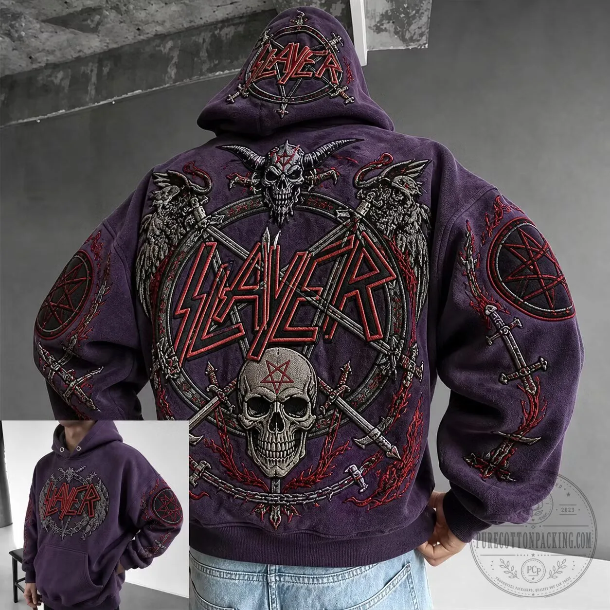 Slayer Heavy Metal Band Skull Graphic Embroidered Vintage Purple Hoodie