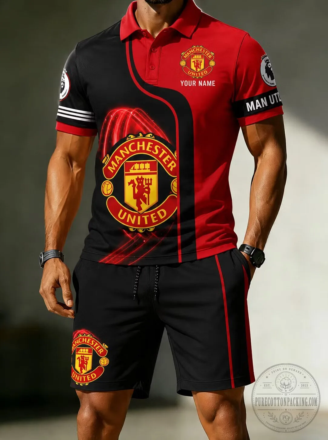 Red and Black Polo Shirt and Shorts Set for Manchester United Football Club Fans