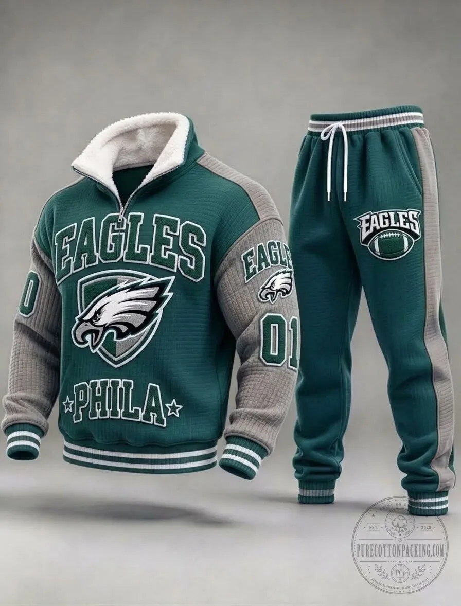 Philadelphia Eagles Football Team Green and Grey Half-Zip Sweatshirt and Sweatpants Set