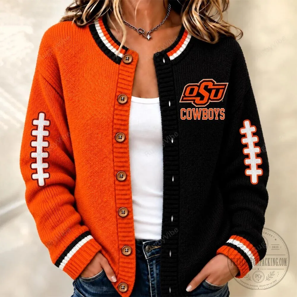 Oklahoma State Cowboys Football Team Split Color Cardigan Sweater