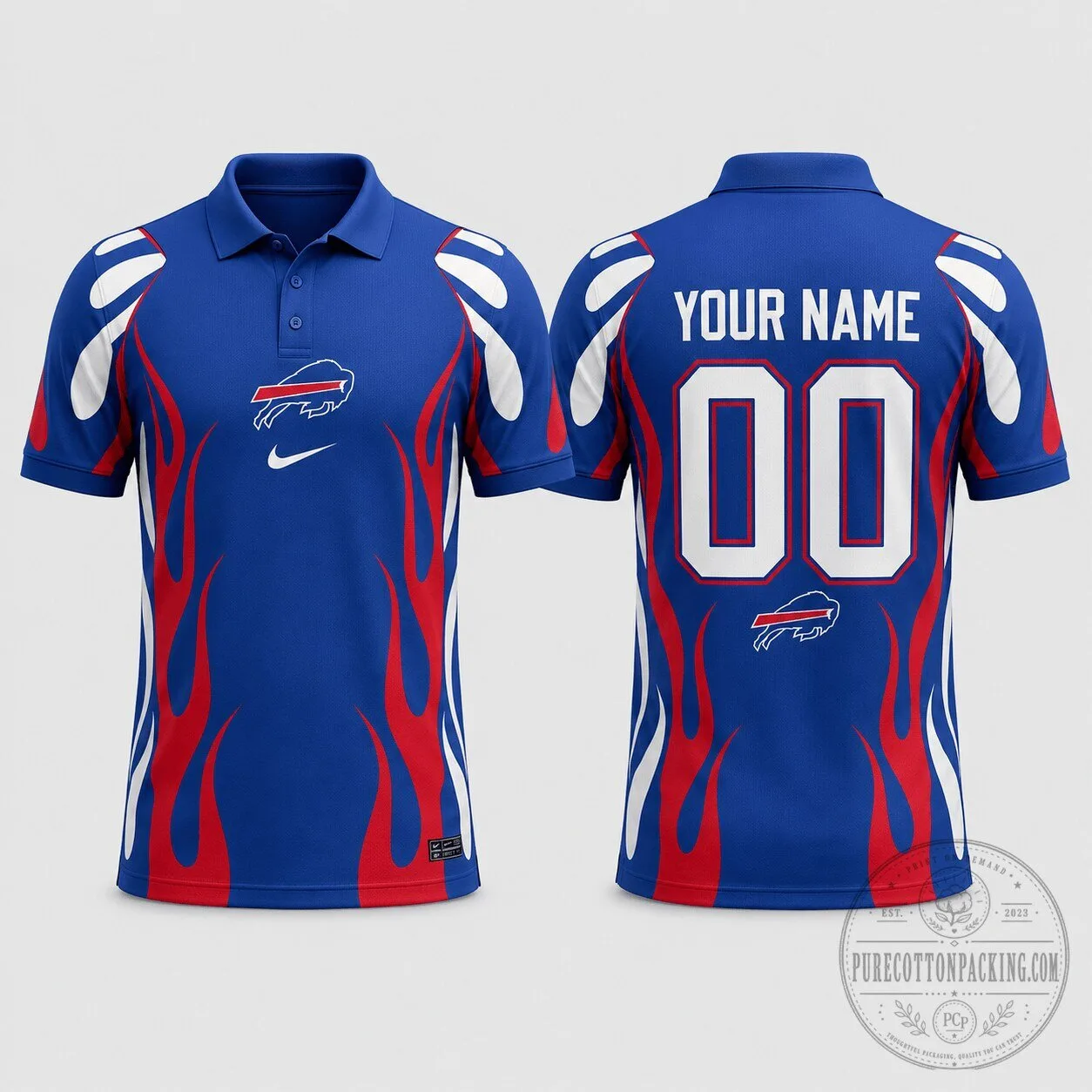 Buffalo Bills Polo Shirt Custom Name Number Blue Red Flame Design