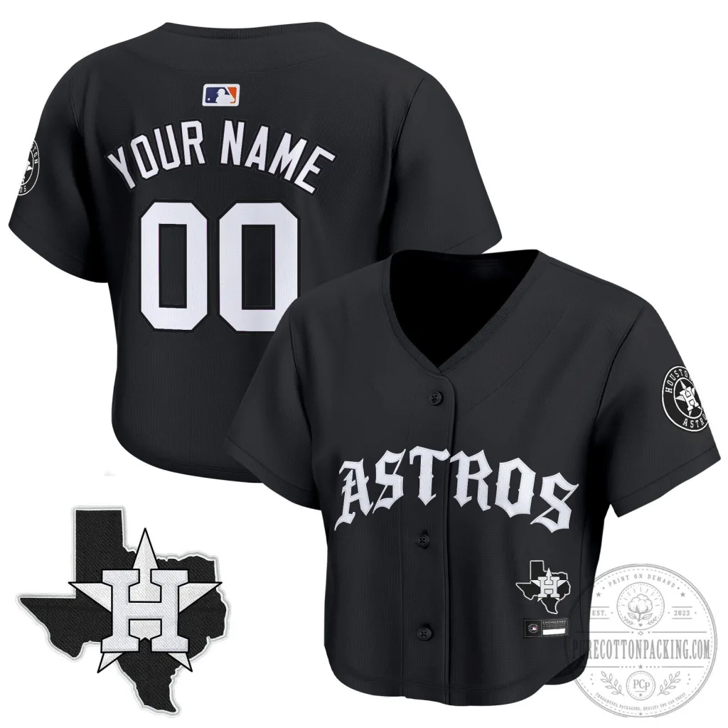 Houston Astros Baseball Women's Black Old English Edition Custom Jersey Houston Astros Baseball Women's Black Old English Edition Custom Jersey