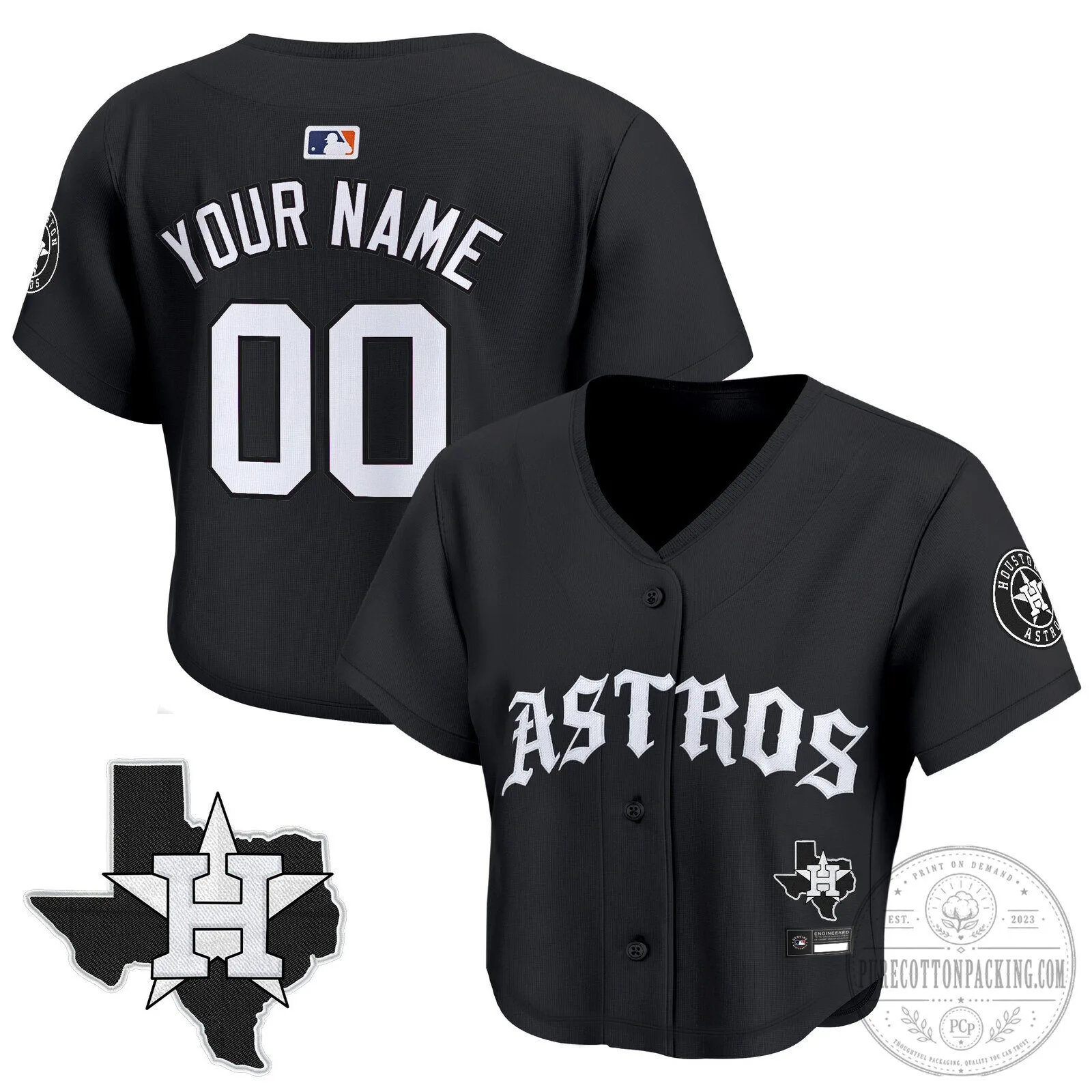 Houston Astros Baseball Women's Black Old English Edition Custom Jersey