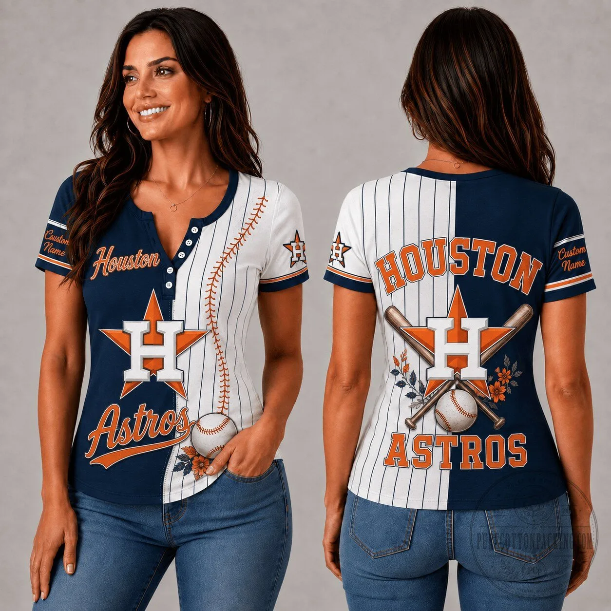 Houston Astros MLB Fan Shirt Women's Personalized V-Neck Button Short Sleeve T-Shirt