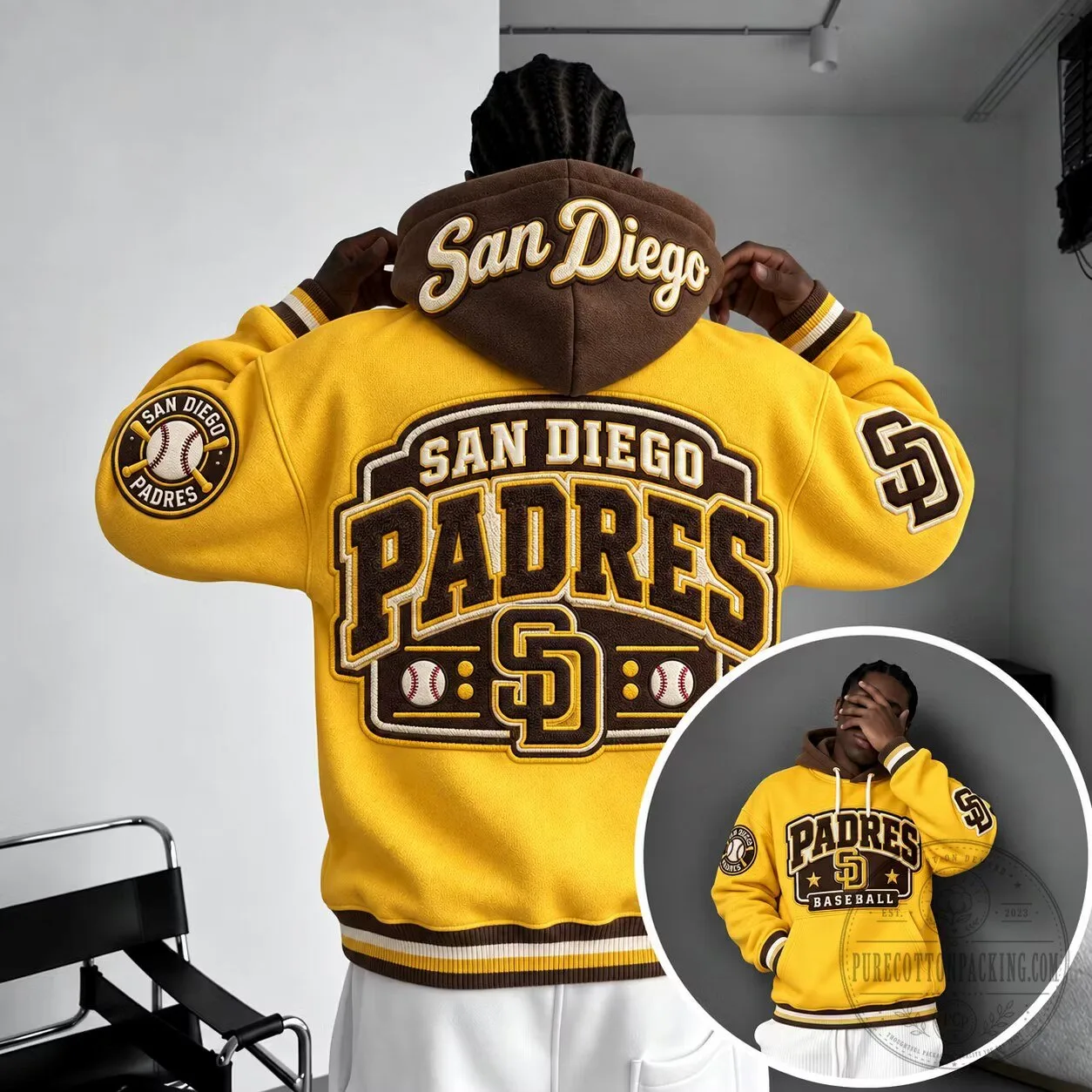 San Diego Padres Baseball Team Logo Yellow and Brown Varsity Hoodie