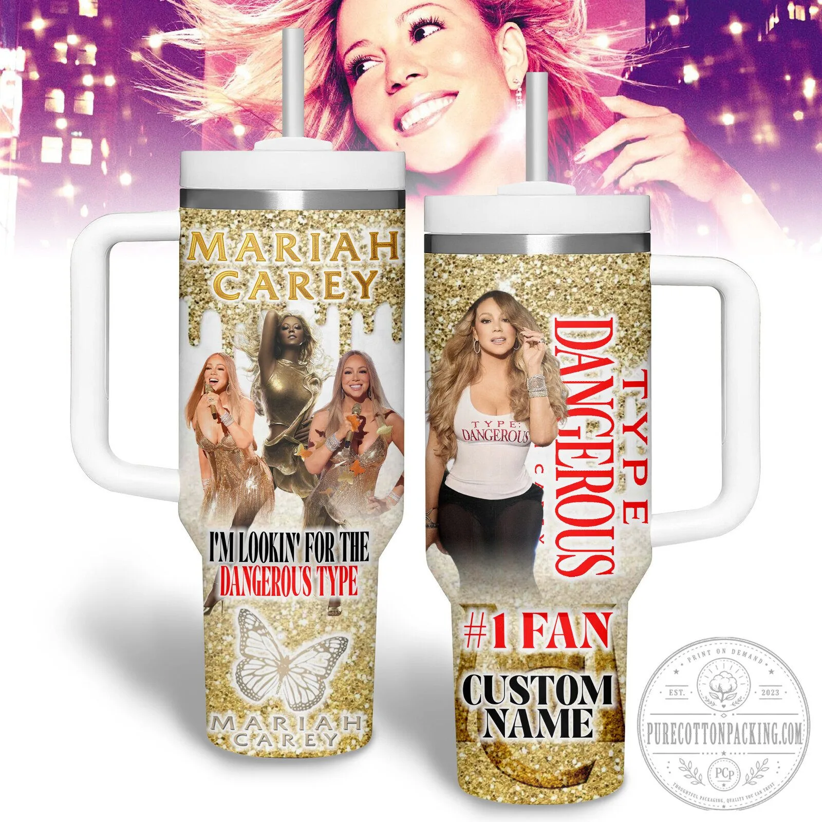 Mariah Carey Dangerous Type Gold Glitter Insulated Tumbler