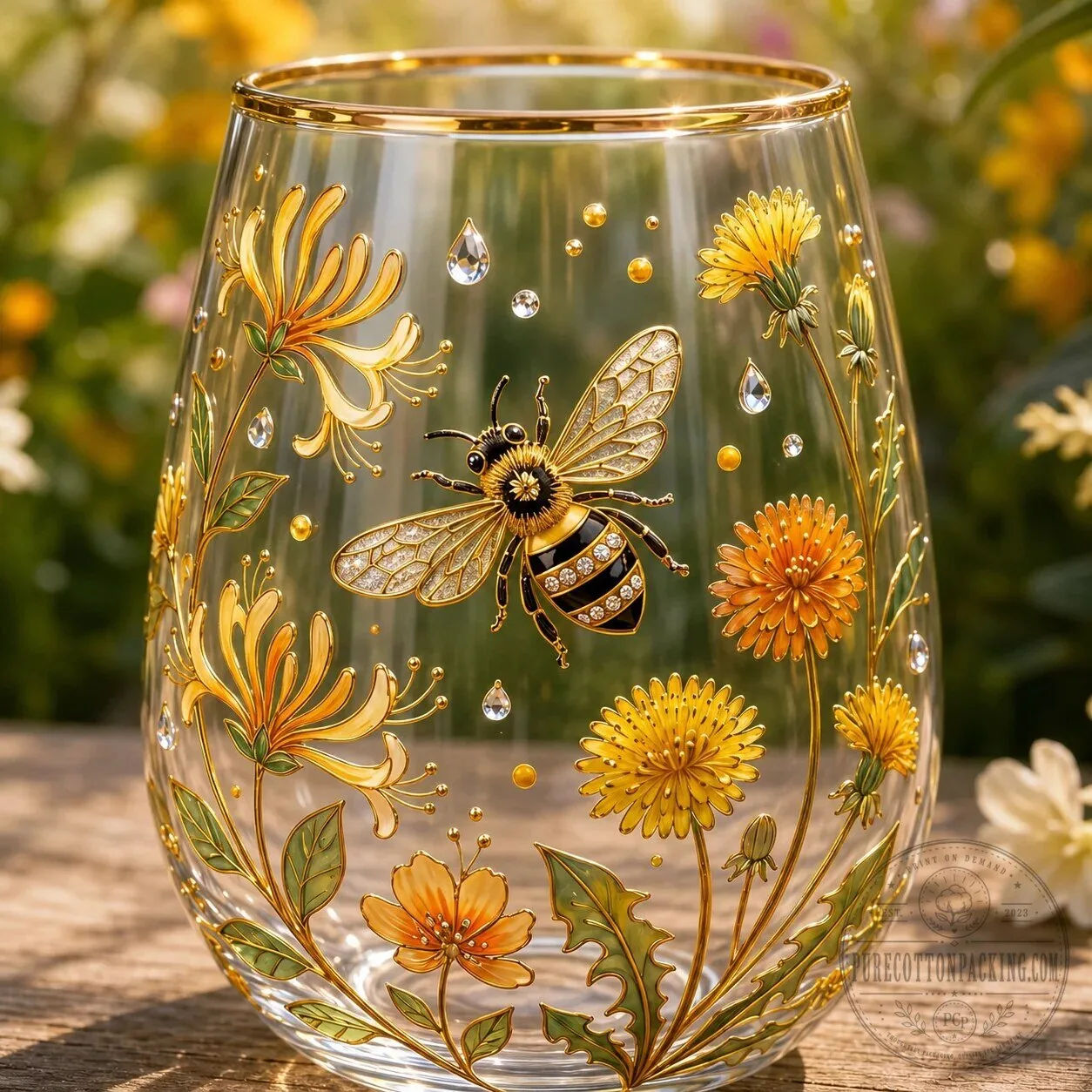 Golden Honey Bee Garden of Joy Personalized Stemless Wine Glass 6 Golden Honey Bee Garden of Joy Personalized Stemless Wine Glass