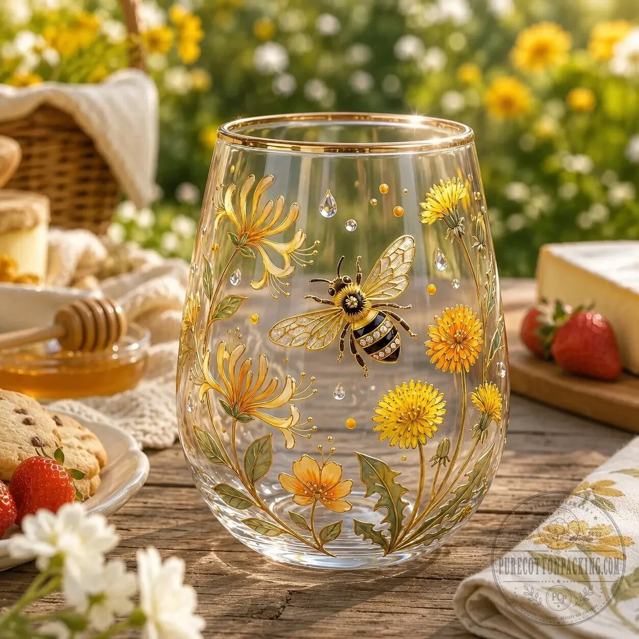 Golden Honey Bee Garden of Joy Personalized Stemless Wine Glass 7 Golden Honey Bee Garden of Joy Personalized Stemless Wine Glass