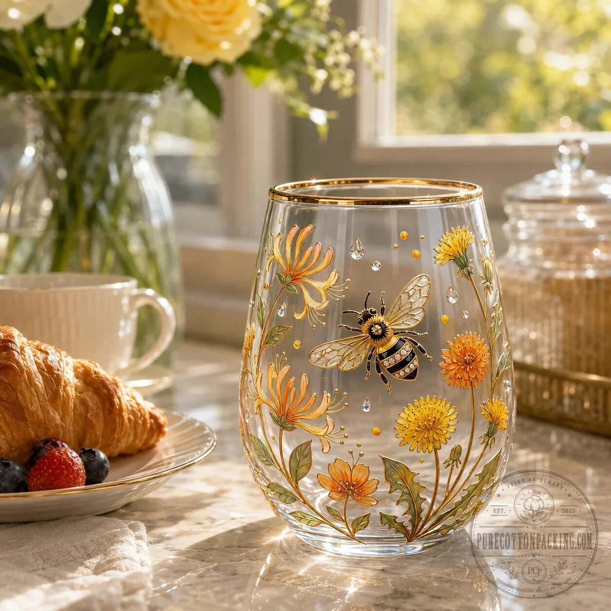Golden Honey Bee Garden of Joy Personalized Stemless Wine Glass 8 Golden Honey Bee Garden of Joy Personalized Stemless Wine Glass