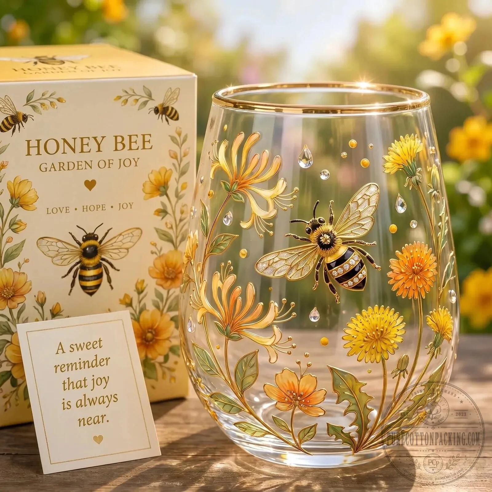 Golden Honey Bee Garden of Joy Personalized Stemless Wine Glass 9 Golden Honey Bee Garden of Joy Personalized Stemless Wine Glass