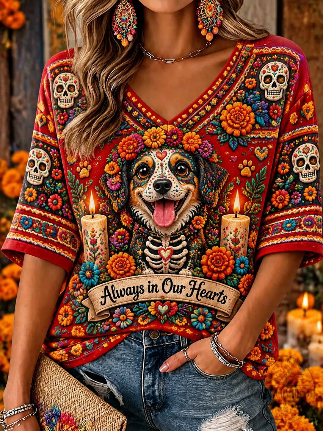 Day of the Dead Sugar Skull Dog Always in Our Hearts Women's V-Neck T-Shirt
