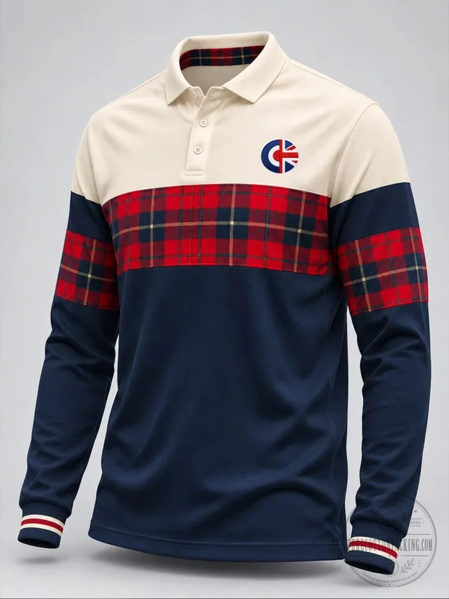 United Kingdom Mod Style Plaid Long Sleeve Rugby Polo Shirt for Men