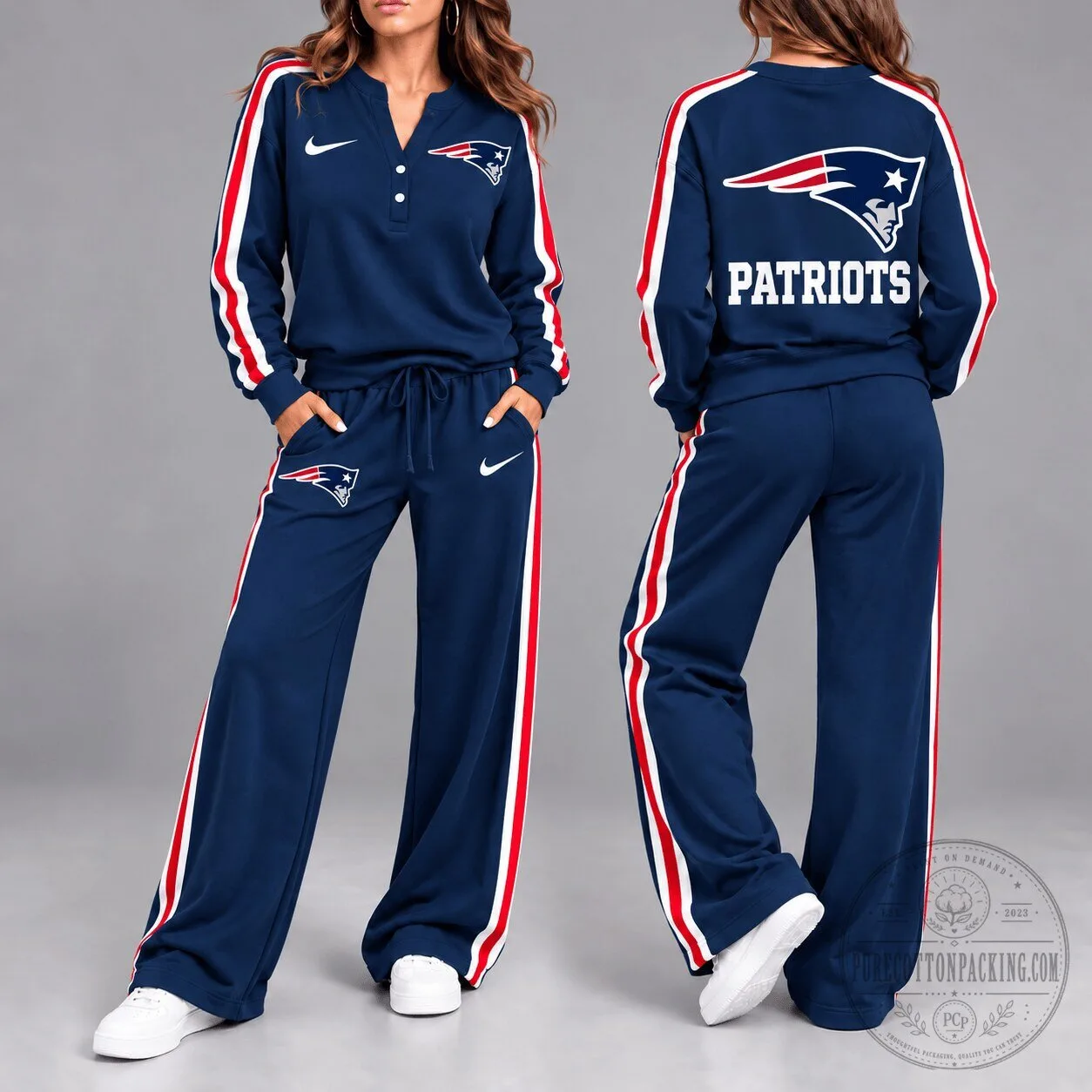 New England Patriots Women's Navy Blue Long Sleeve Top and Wide Leg Pants Set