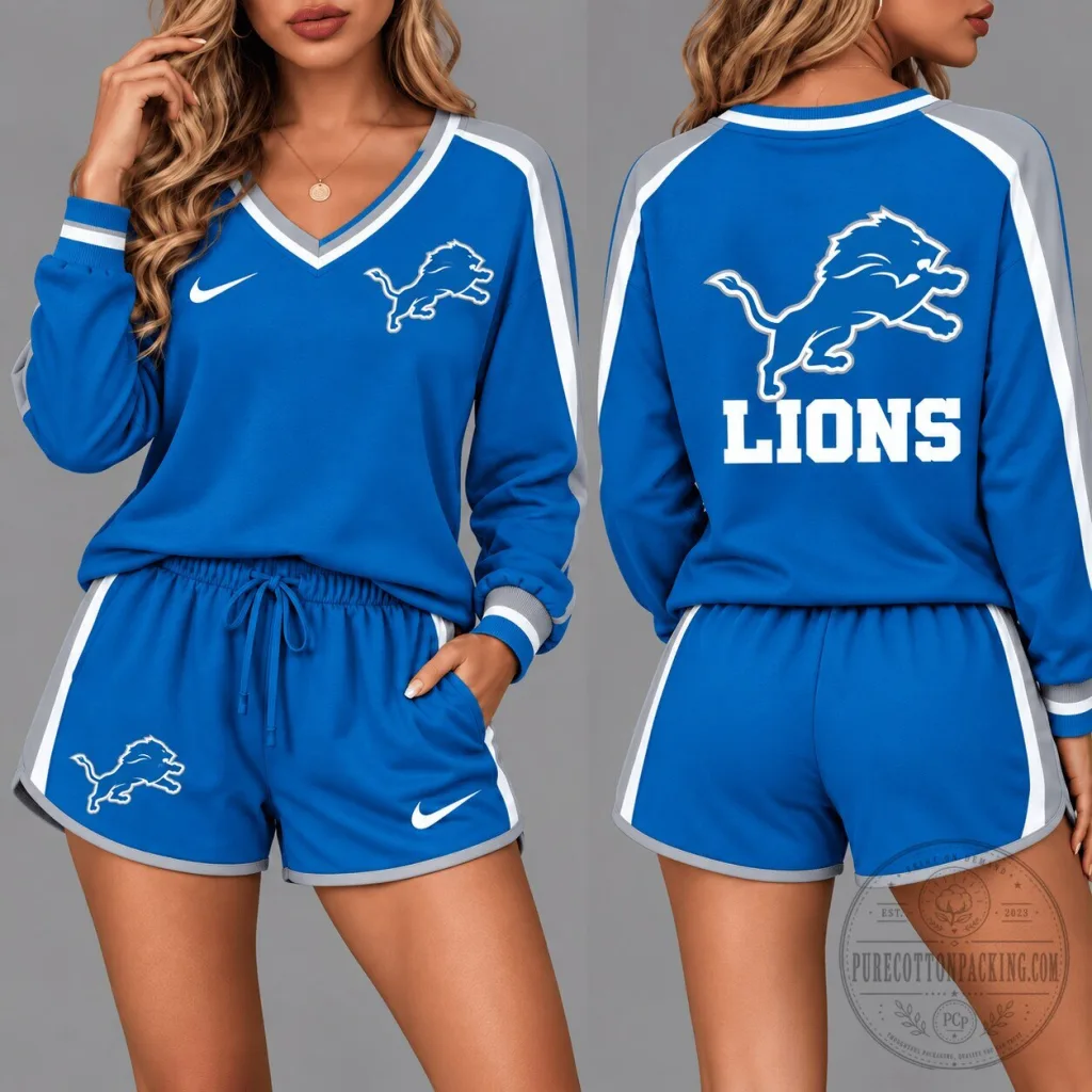 Detroit Lions Women's Blue Long Sleeve Shirt and Shorts Pajama Set Detroit Lions Women's Blue Long Sleeve Shirt and Shorts Pajama Set