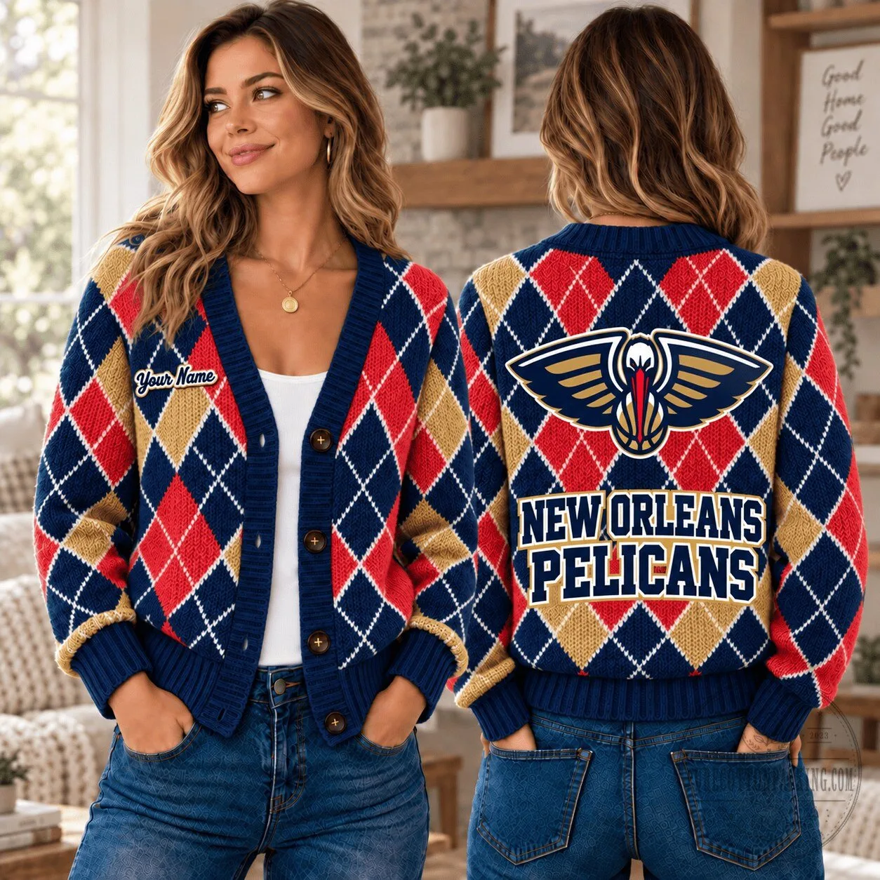 New Orleans Pelicans NBA Argyle Custom Name Cardigan Jacket