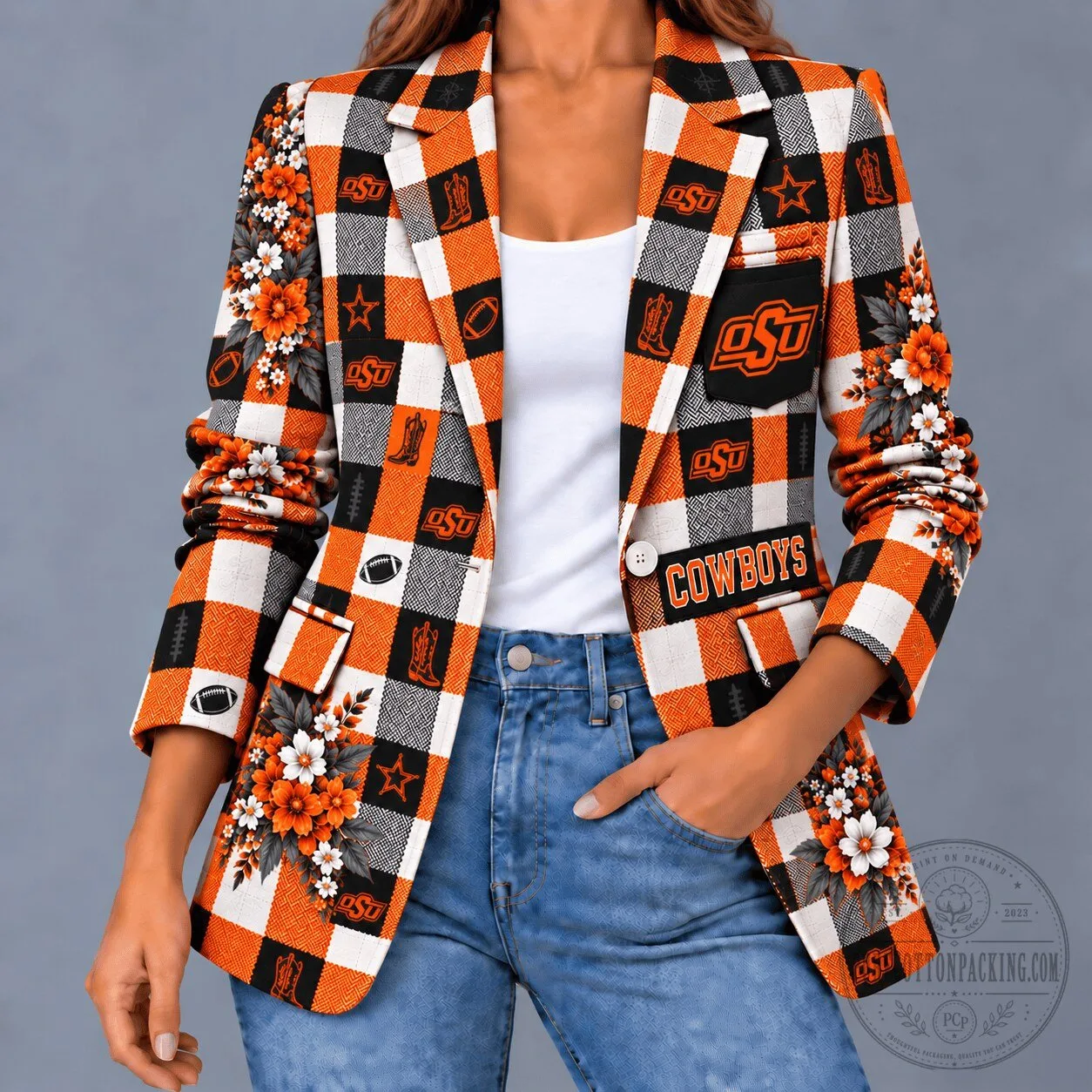 Oklahoma State Cowboys Football Floral Plaid Women's Blazer Jacket