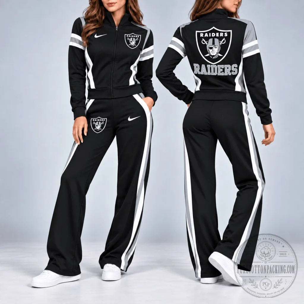 Las Vegas Raiders Women's Black and Gray Striped Track Jacket and Pants Set Las Vegas Raiders Women's Black and Gray Striped Track Jacket and Pants Set