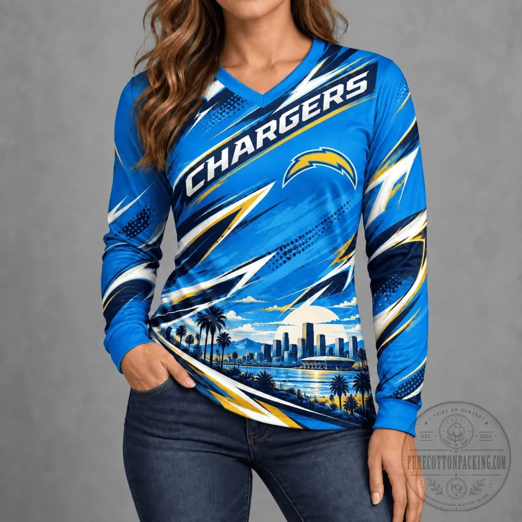 Los Angeles Chargers City Horizon Premium Long-Sleeve V-Neck Shirt Los Angeles Chargers City Horizon Premium Long-Sleeve V-Neck Shirt