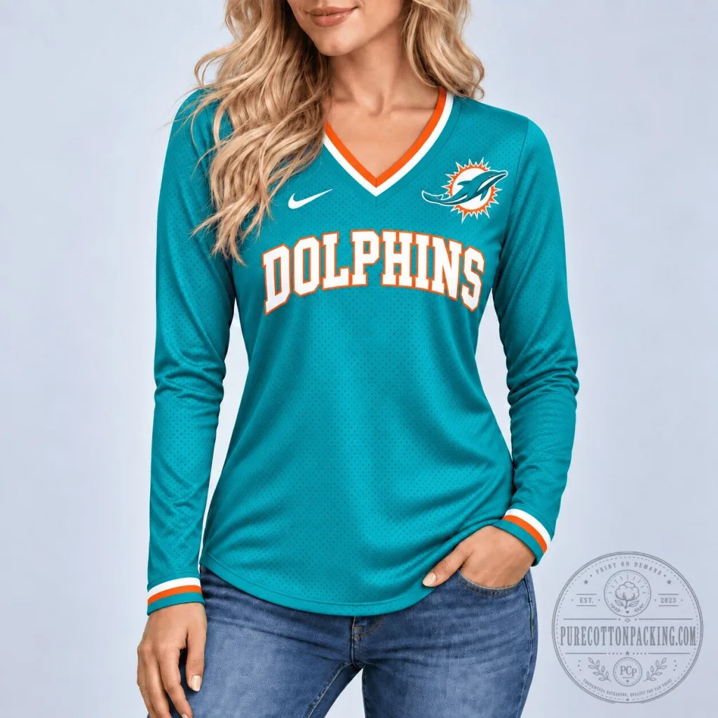 Miami Dolphins Teal V-Neck Long Sleeve Football Jersey for Women Miami Dolphins Teal V-Neck Long Sleeve Football Jersey for Women