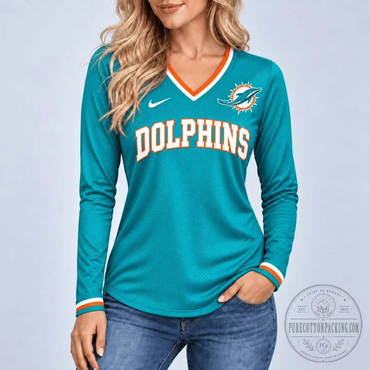 Miami Dolphins Teal V-Neck Long Sleeve Football Jersey for Women