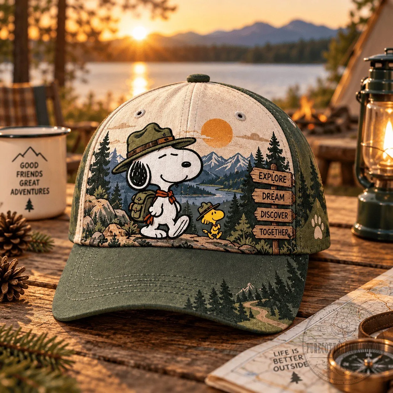 Snoopy and Woodstock Explore Dream Discover Together Camping Cap Hat