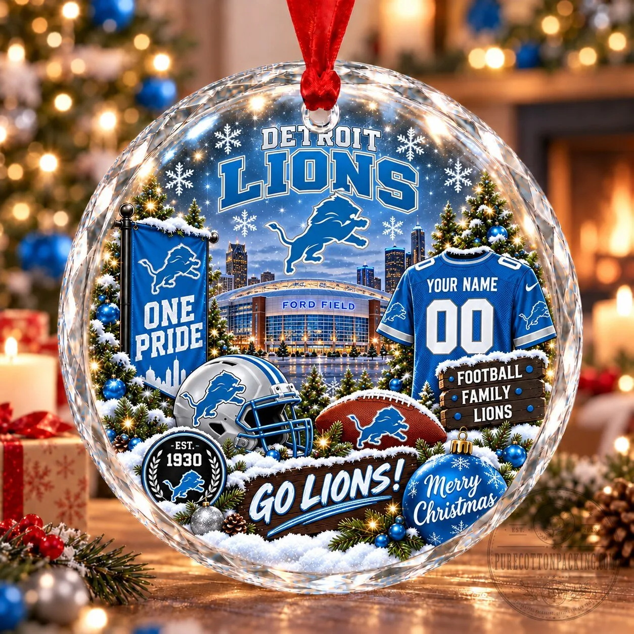 Detroit Lions Christmas Stadium Snow Vibe Glass Ornament
