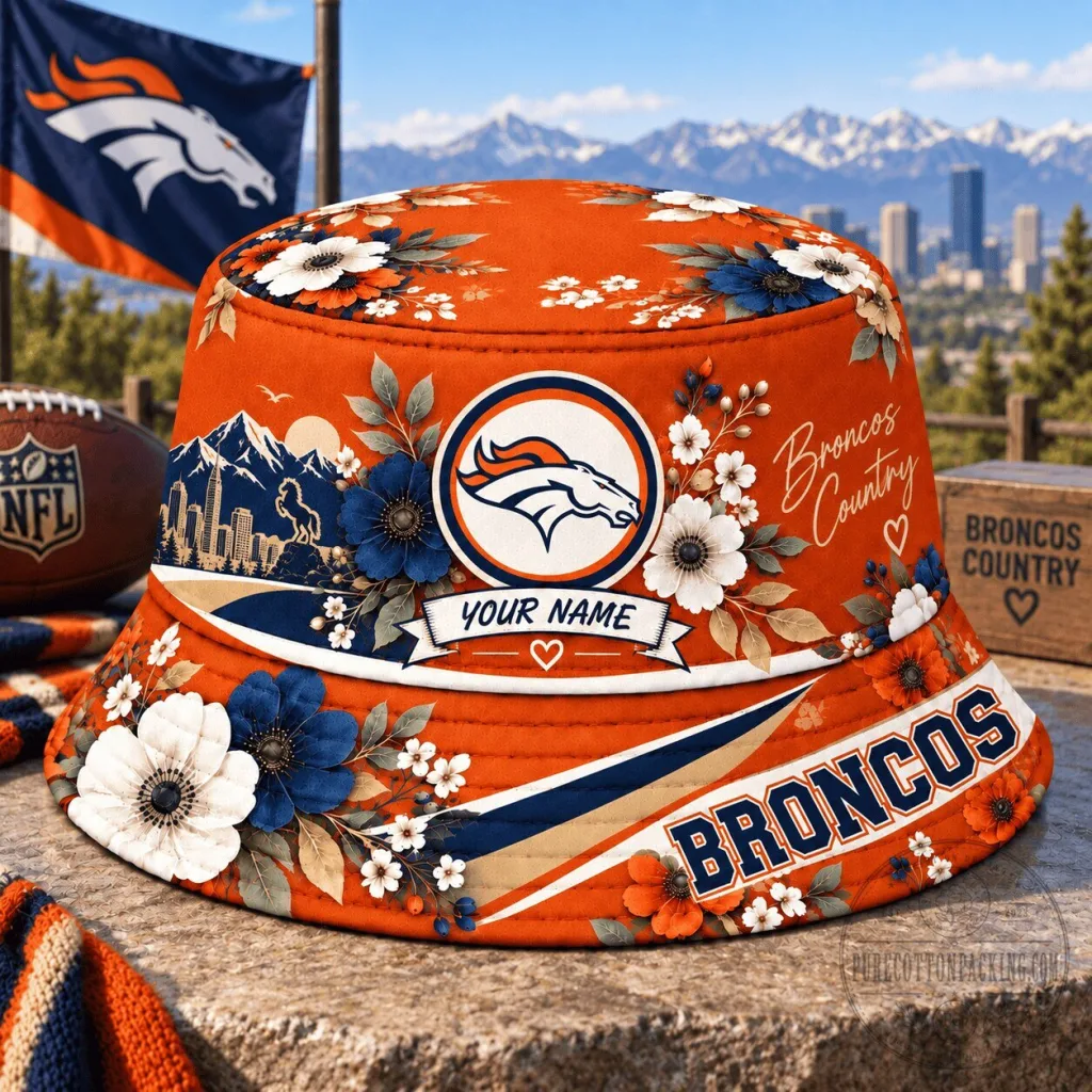 Denver Broncos Personalized Bucket Hat with Floral Design and Team Logo Denver Broncos Personalized Bucket Hat with Floral Design and Team Logo
