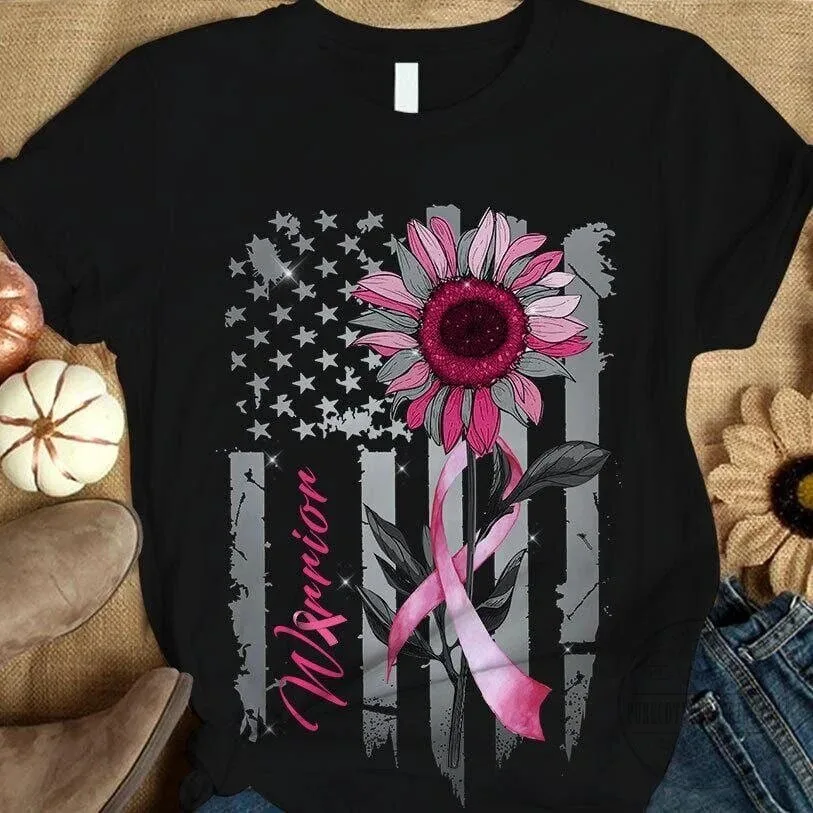 Breast Cancer Awareness Warrior Pink Ribbon Sunflower American Flag T-Shirt