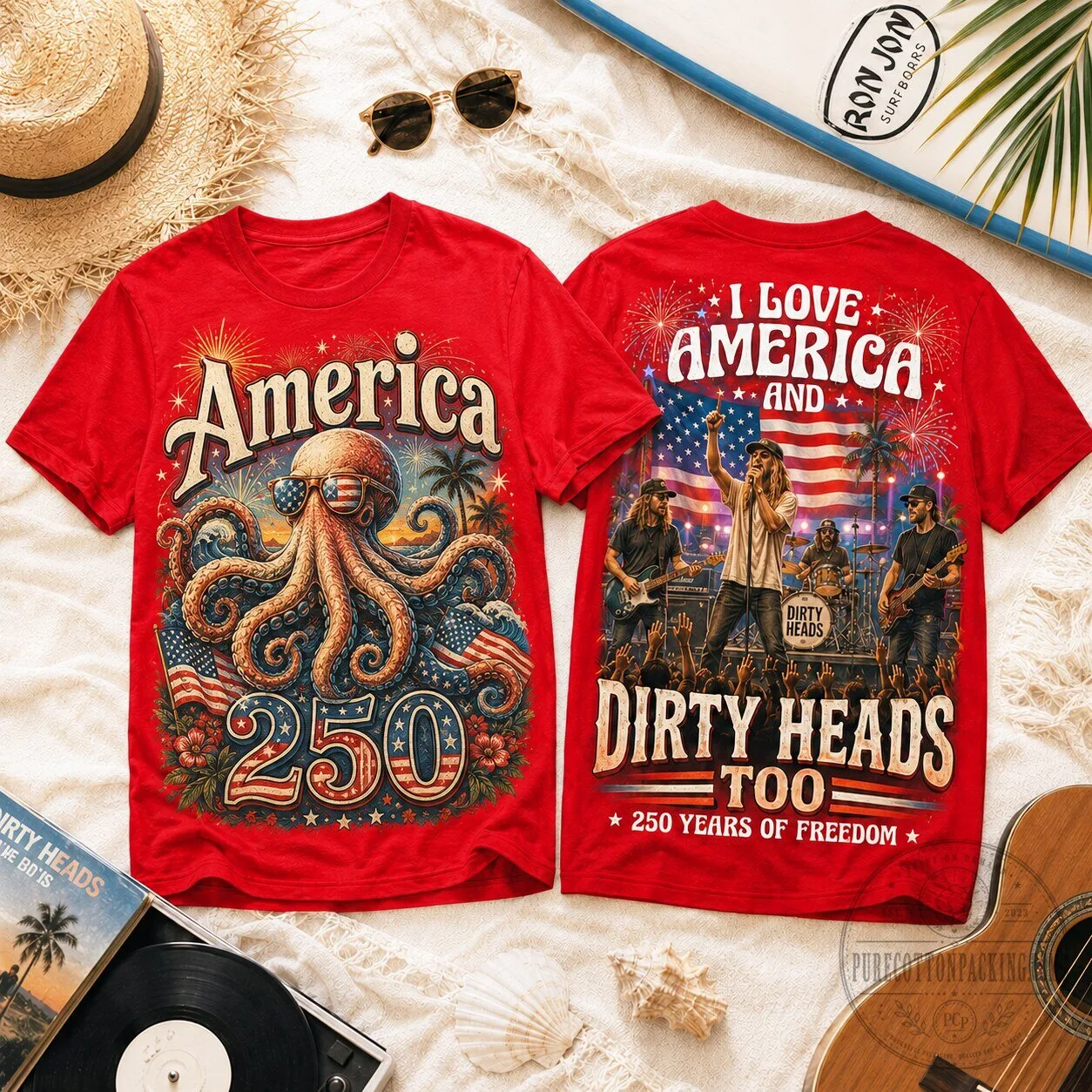 Fourth of July Dirty Heads Patriotic Octopus 250 Years of Freedom T-Shirt
