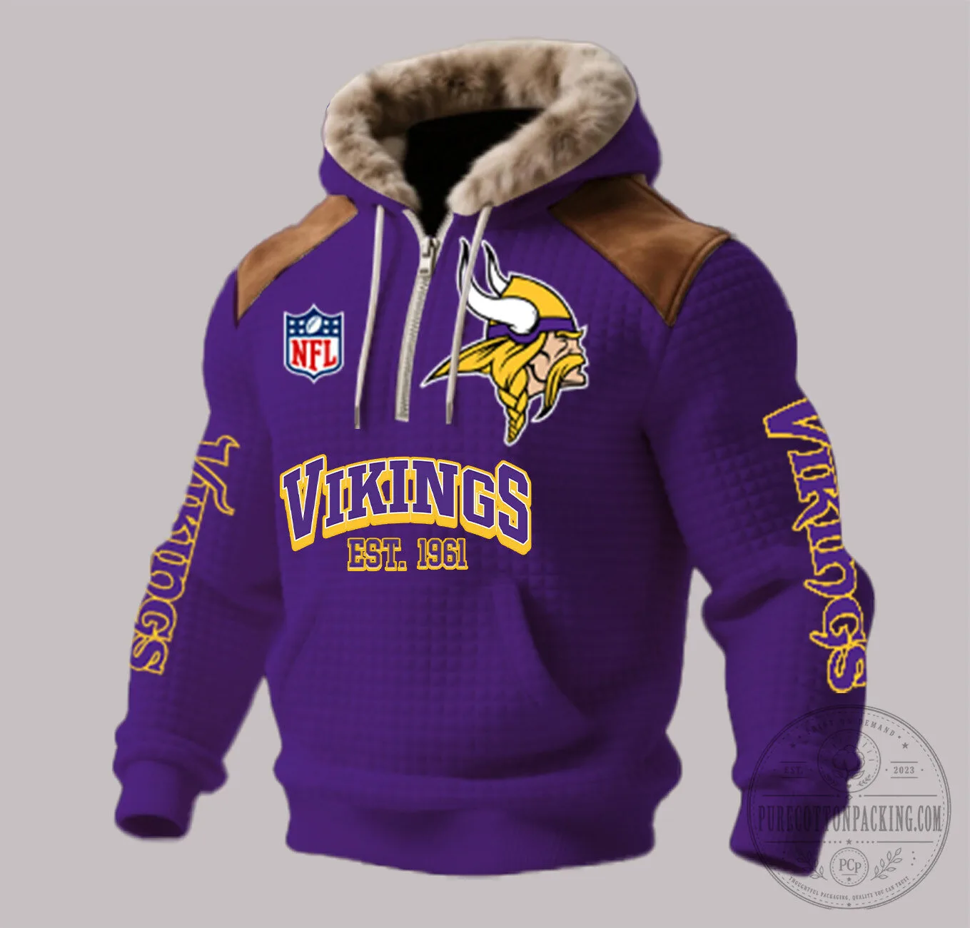 Minnesota Vikings NFL Football Team Purple Quilted Winter Hoodie with Fur Lining