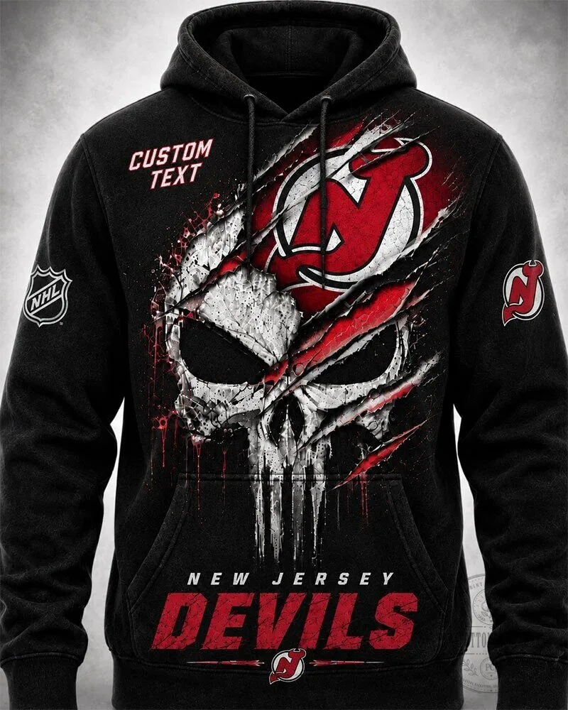 New Jersey Devils Punisher Skull Custom Text Hoodie