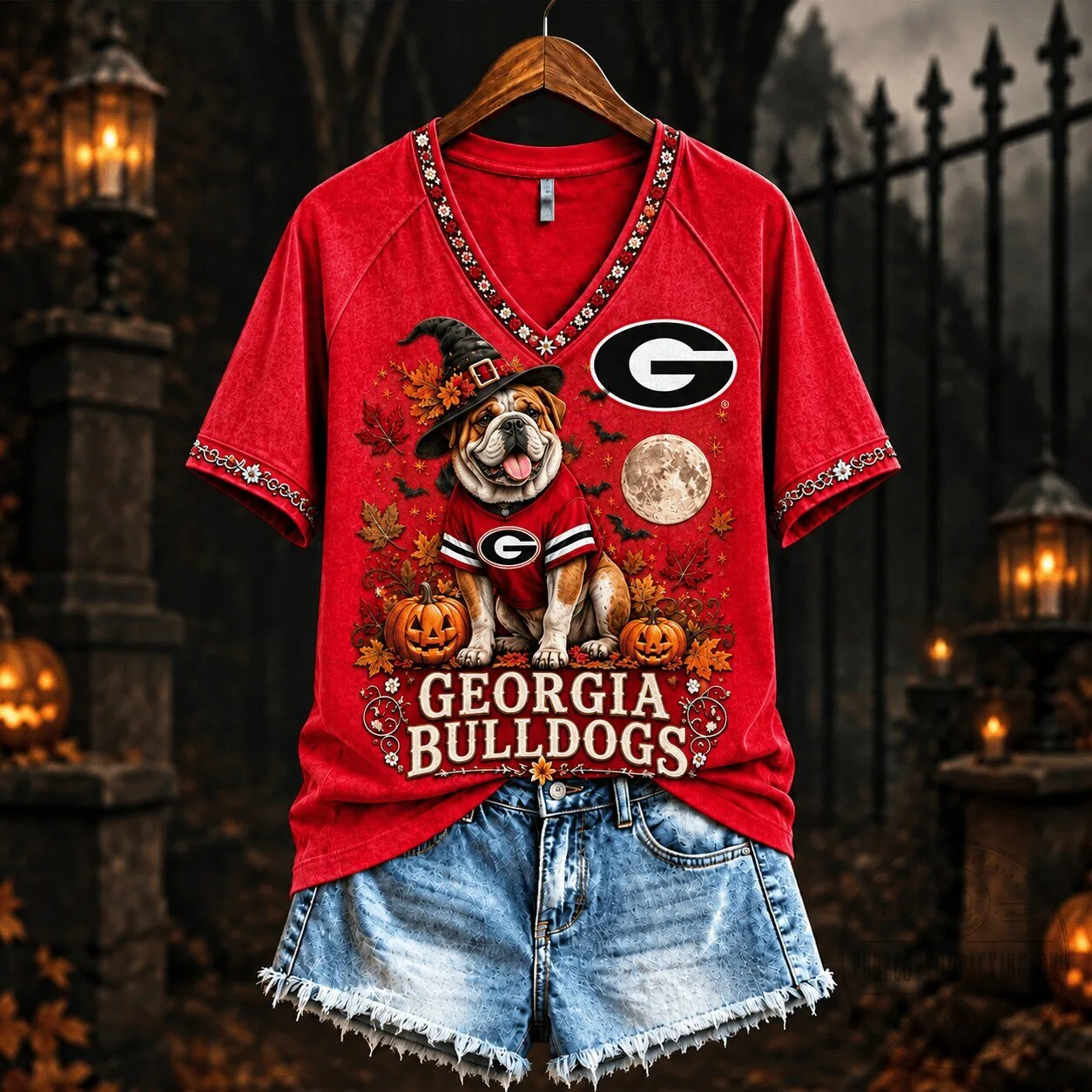 Georgia Bulldogs Spooky Season Mascot V-Neck T-Shirt