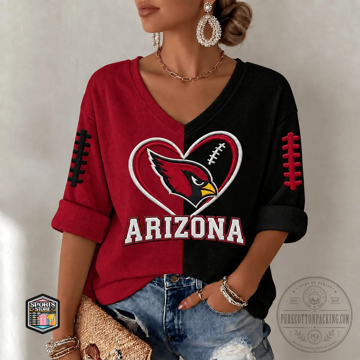 Arizona Cardinals Football Team Heart Logo Split Color Women's V-Neck Long Sleeve
