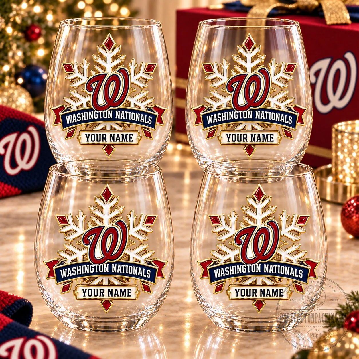 Washington Nationals MLB Christmas Snowflake Personalized Stemless Wine Glass Set