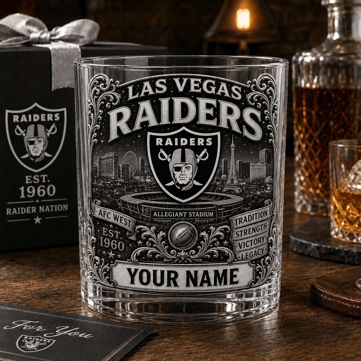 Las Vegas Raiders NFL Allegiant Stadium Personalized Whiskey Glass 1 Las Vegas Raiders NFL Allegiant Stadium Personalized Whiskey Glass