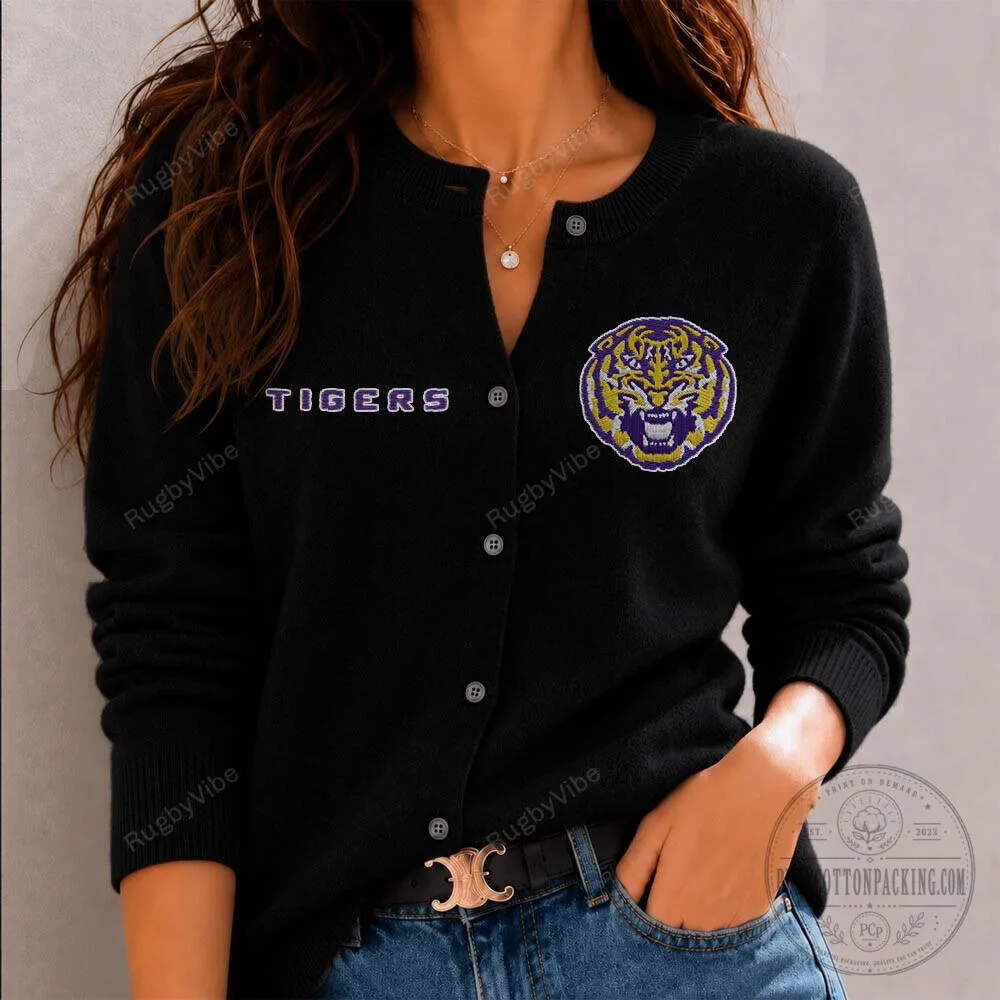 Louisiana State University Tigers Embroidered Black Cardigan Sweater