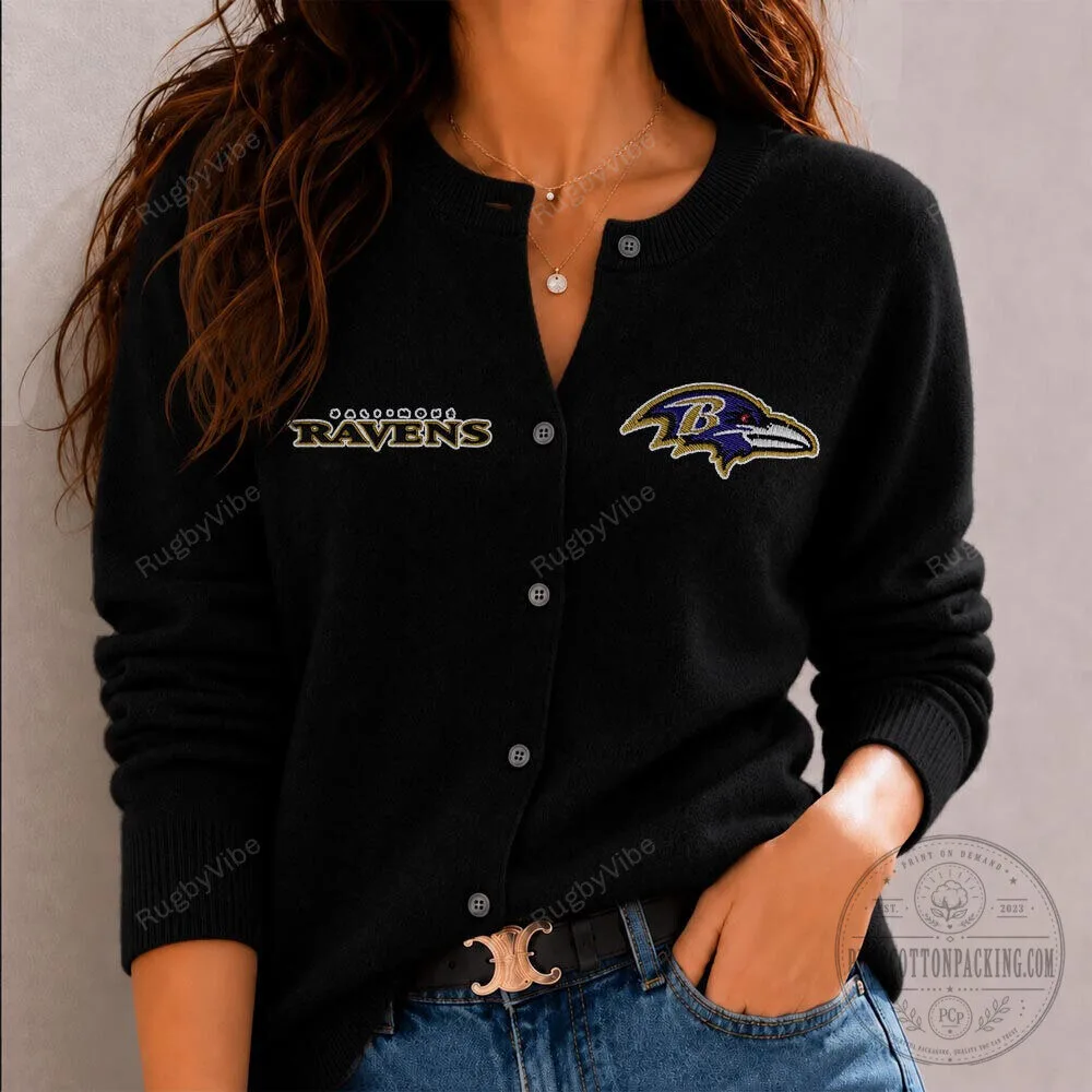 Baltimore Ravens NFL Football Team Logo Black Cardigan Sweater for Women
