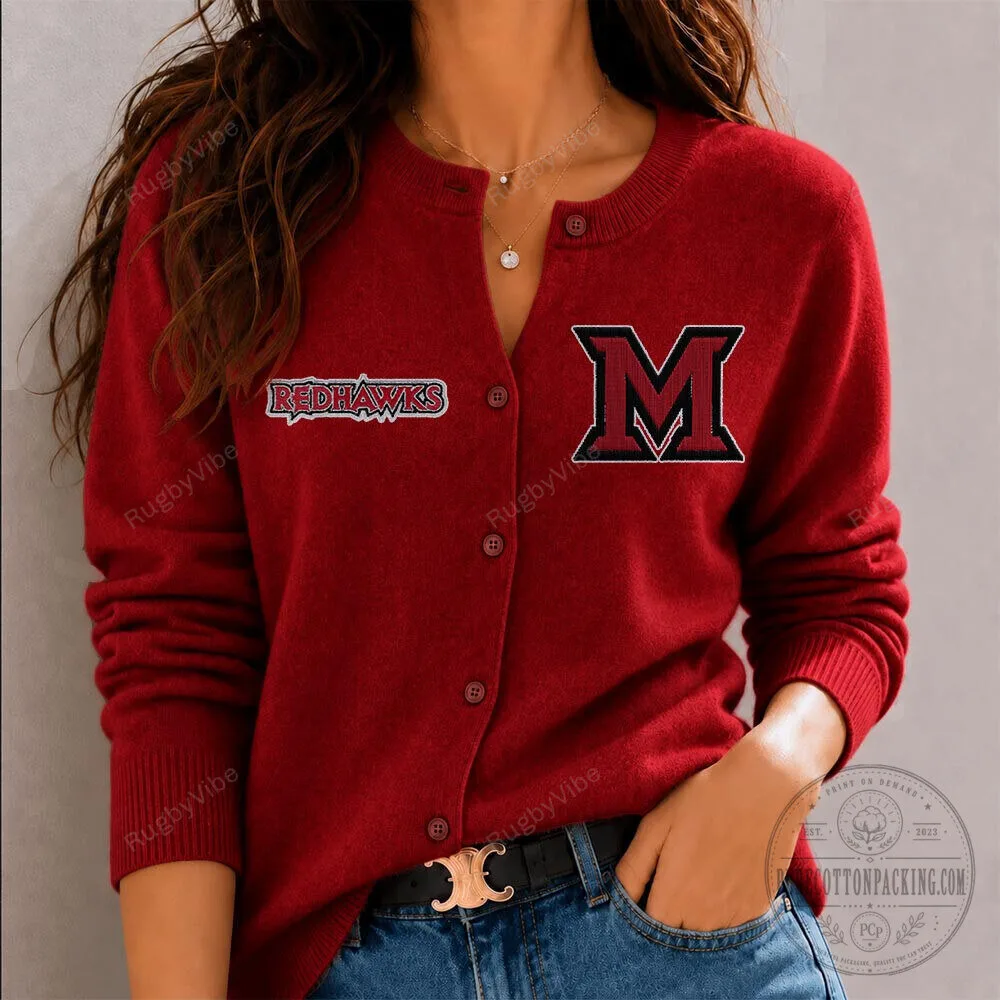 Miami RedHawks Embroidered Red Cardigan Sweater for Women