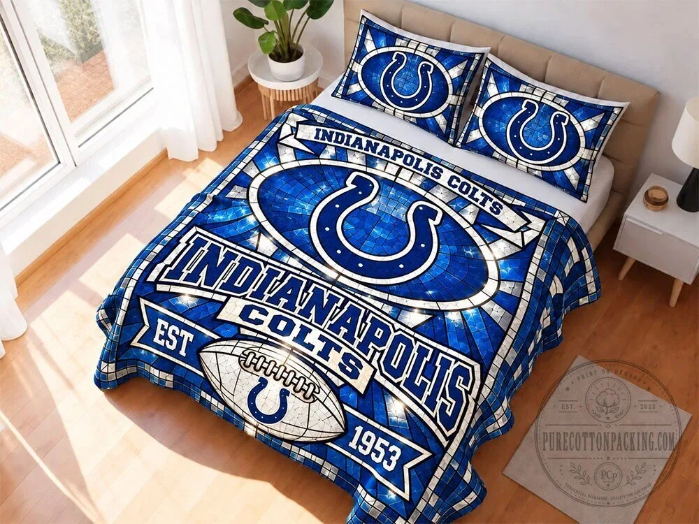 Indianapolis Colts Stained Glass Pattern Football Team Quilt Bedding Set