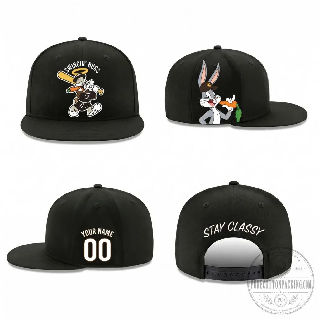 Bugs Bunny Baseball Swingin' Bugs Personalized Black Snapback Cap Hat Bugs Bunny Baseball Swingin' Bugs Personalized Black Snapback Cap Hat
