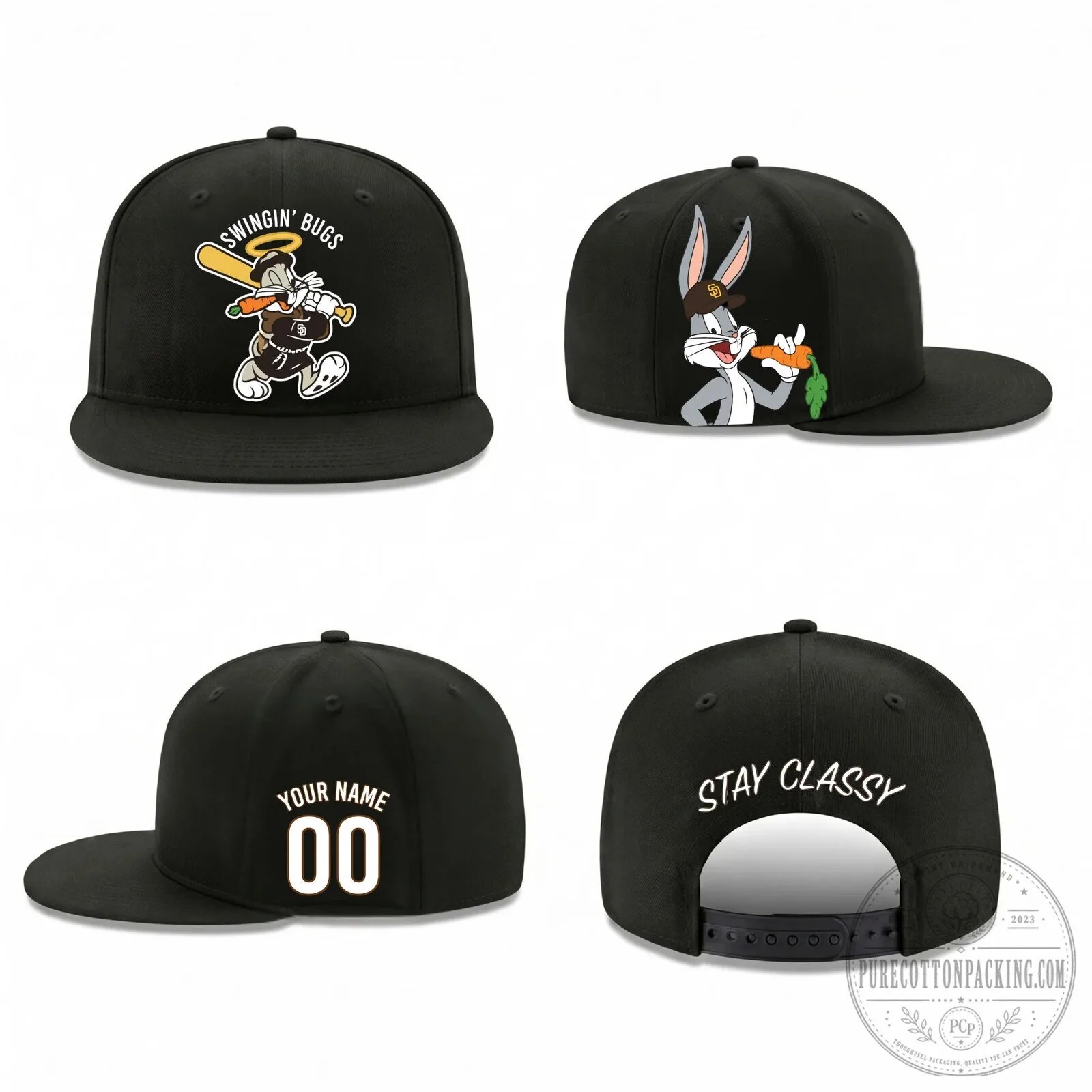Bugs Bunny Baseball Swingin' Bugs Personalized Black Snapback Cap Hat