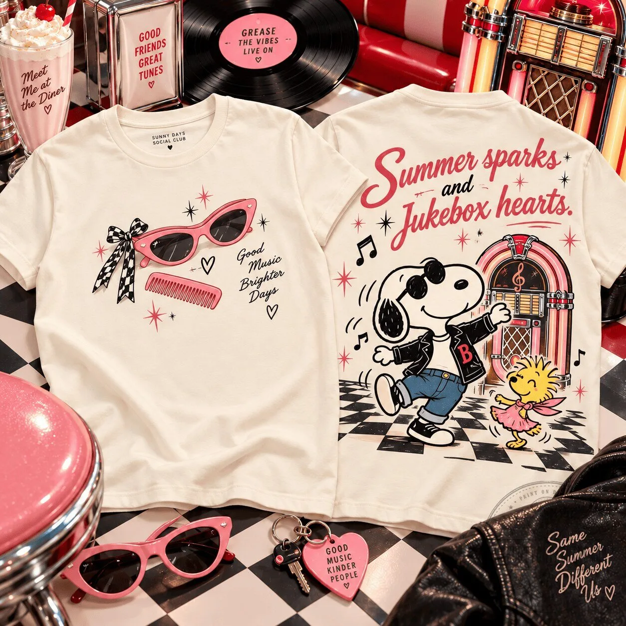 Grease Snoopy Jukebox Hearts 1950s Style Music Fan T-Shirt