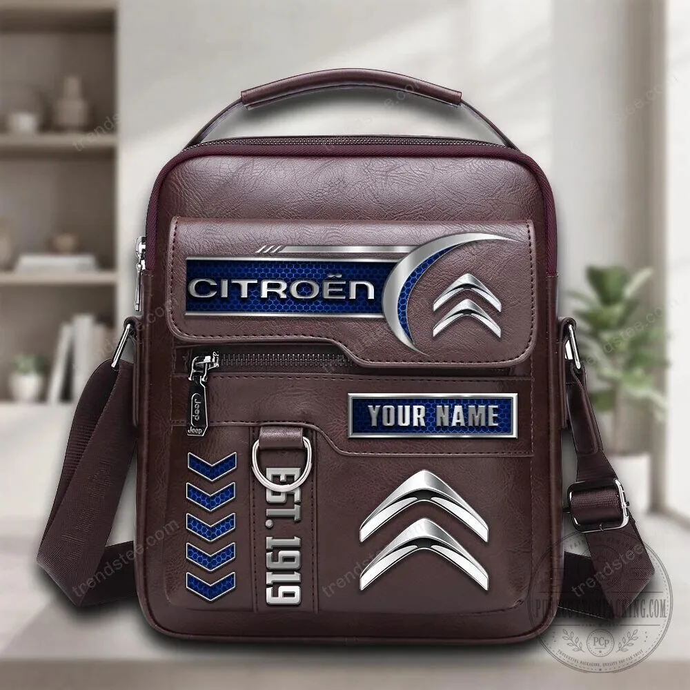 Citroen Car Logo Personalized Brown Leather Crossbody Bag