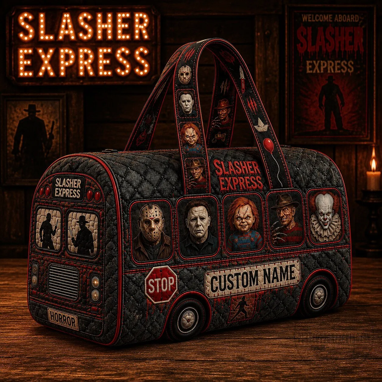 Slasher Express Horror Movie Villains Quilted Duffle Bag Custom Name Travel Bag