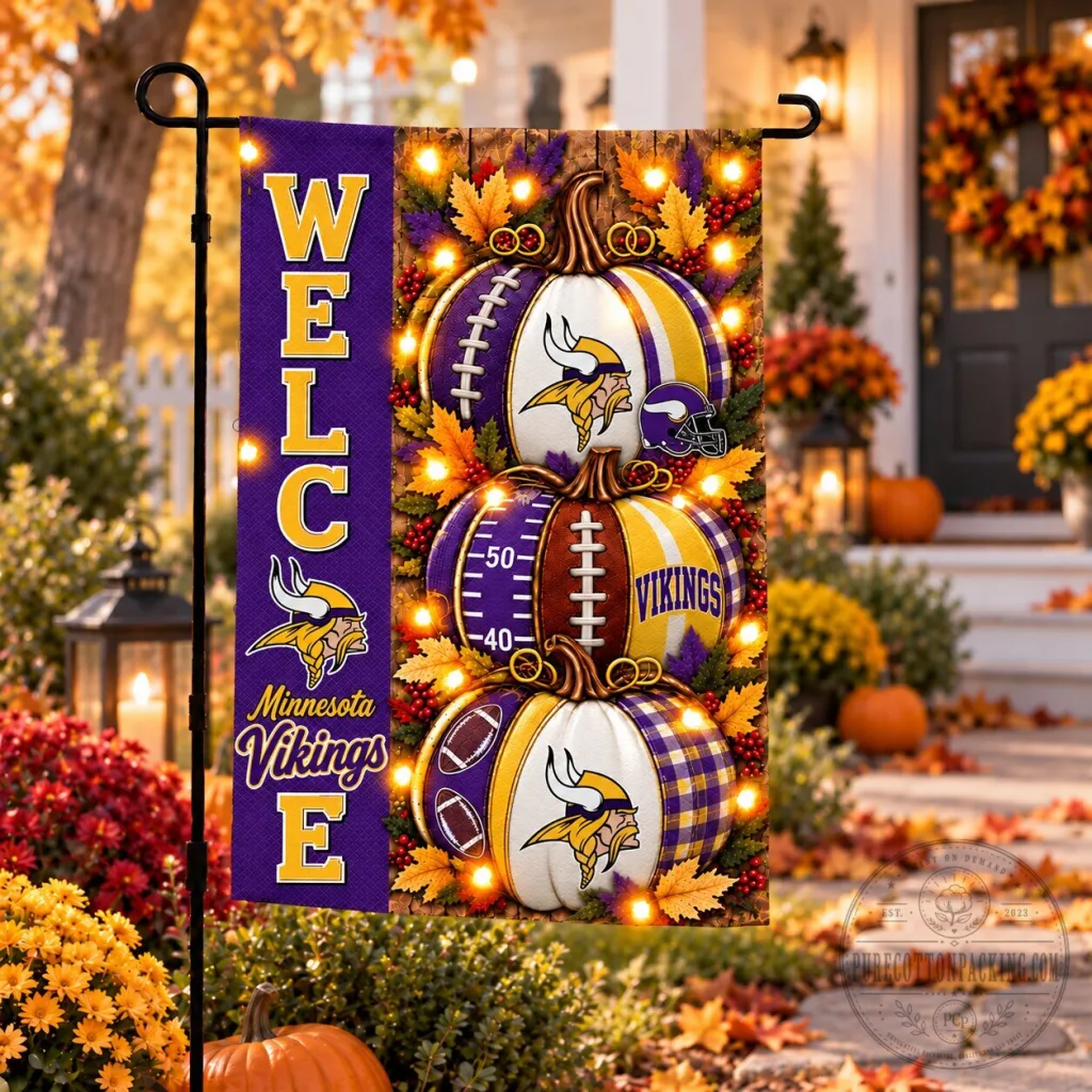 Minnesota Vikings Halloween Football Pumpkins Welcome Garden Flag Minnesota Vikings Halloween Football Pumpkins Welcome Garden Flag