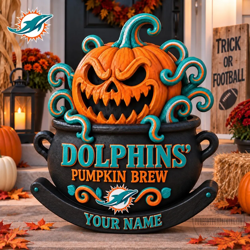 Miami Dolphins Halloween Pumpkin Brew Personalized Wooden Block Miami Dolphins Halloween Pumpkin Brew Personalized Wooden Block