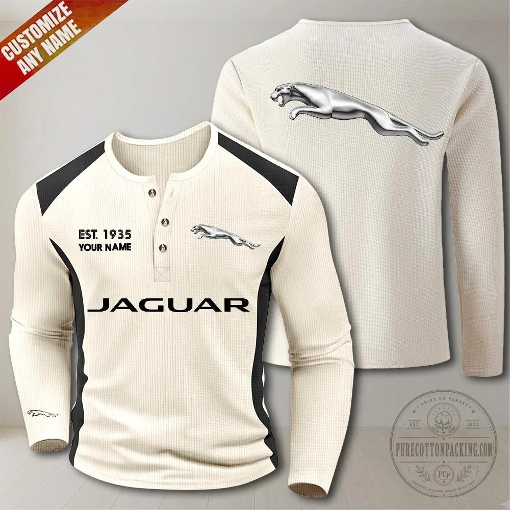 Jaguar Car Logo Est. 1935 Custom Name Long Sleeve Henley Shirt