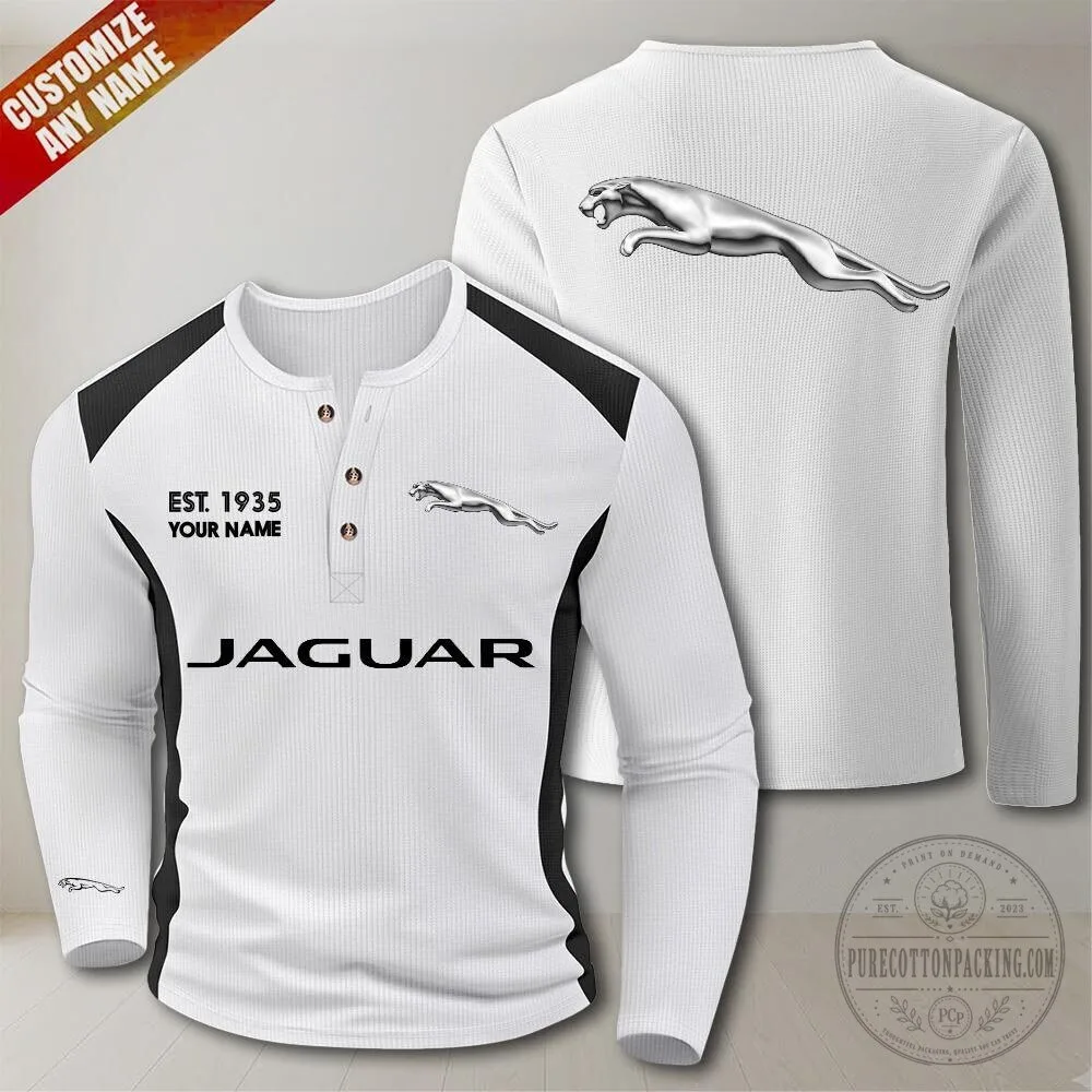 Jaguar Car Logo Est. 1935 Custom Name Long Sleeve Henley Shirt 7 Jaguar Car Logo Est. 1935 Custom Name Long Sleeve Henley Shirt