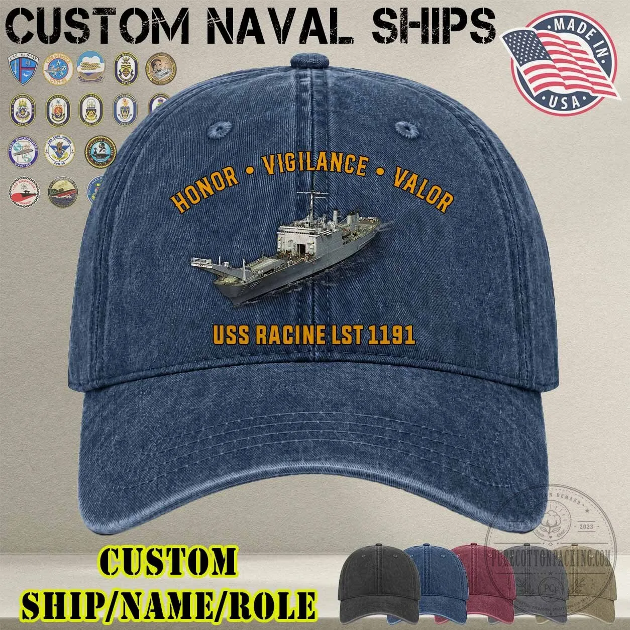 USS Racine LST 1191 Honor Vigilance Valor Washed Denim Baseball Cap Hat