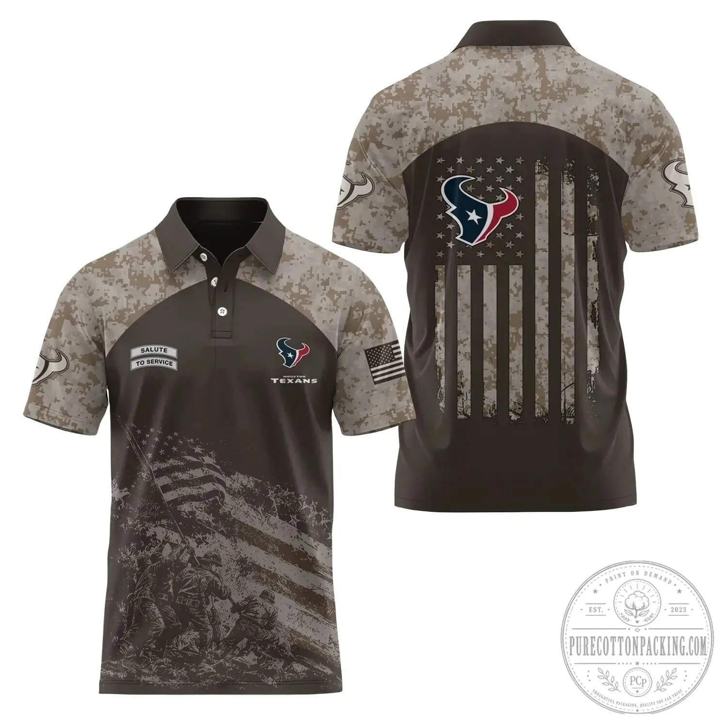 Houston Texans Salute To Service American Flag Military Camouflage Polo Shirt